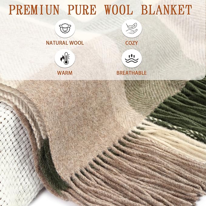 Soft Pure Wool Throw Blanket, Lightweight Warmth, 55"x83" with Fringe, Compact with Bag, Useful Gift for Women Men, All Season Decorative Cozy Travel Blanket for Couch Bed, Outdoors