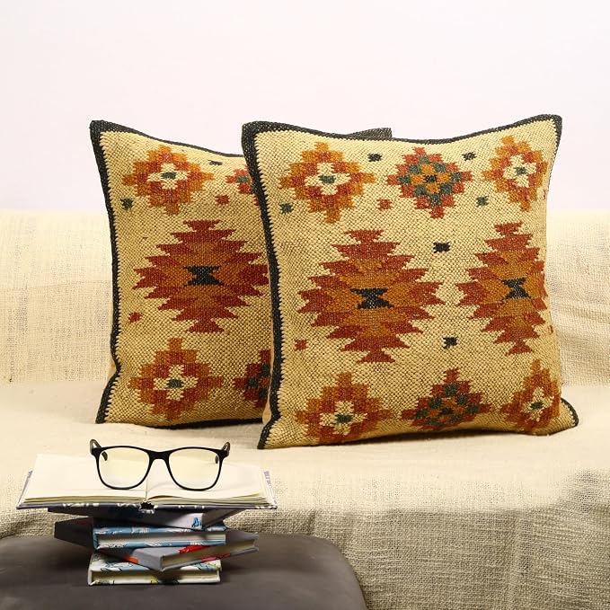 Trade Star Set of 2 Kilim Handwoven Pillowcases Southwestern Cushion Cover 18x18 Inches Designer 70% Jute 30% Wool Cushion Cover Throw Pillow Cover Handloomed Rug Decorative Cushion case (Kilim 15)