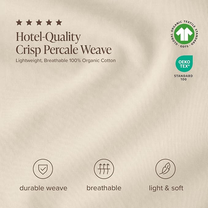 Bare Home 100% Organic Cotton Twin XL Sheet Set - Crisp Percale Weave - Lightweight & Breathable - Bedding Sheets & Pillowcases (Twin XL, Sand)