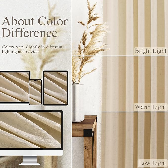 Extra Long Curtains 102 Inches Long for Living Room Tan Back Tab Rod Pocket Light Filtering Semi Sheer Drapes Cotton Linen Textured Window Curtain for Bedroom 9 FT,2 Panels