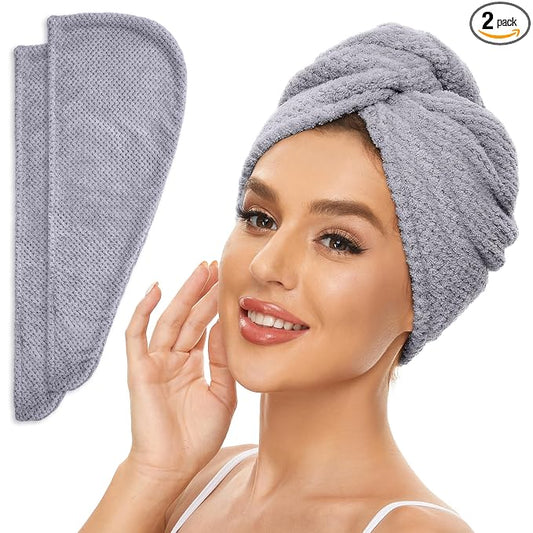 SimpleField 2 Pack Microfiber Hair Towel Wrap for Women, Anti Frizz Quick Drying Hair Turban for All Hair Style, Absorbent and Lightweight (Grey)