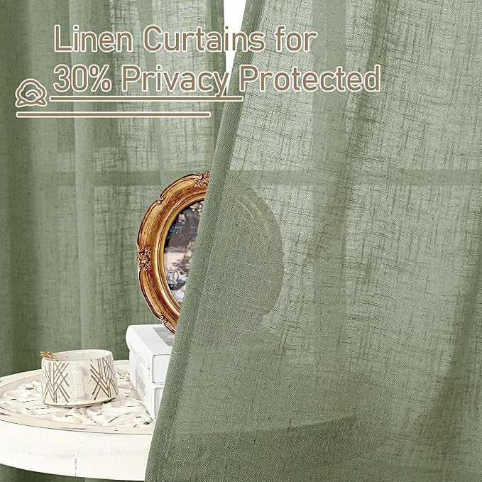 LAMIT Kitchen Linen Curtains 40 Inch Length 2 Panels, Sage Green Semi Sheer Light Filtering Panels Back Tab and Rod Pocket Neutral Drapes for Basement/Window/Loft Room, 34 x 40 Inch