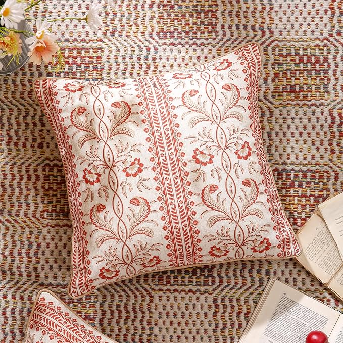 ISAENNE Design Euro Linen Square Throw Pillow Covers 18"x18" Pack of 2, French Country Cushion Covers with Orange Morris Floral Pattern Decoration Pillowcases for Bed, Living Room, Outdoor, Car