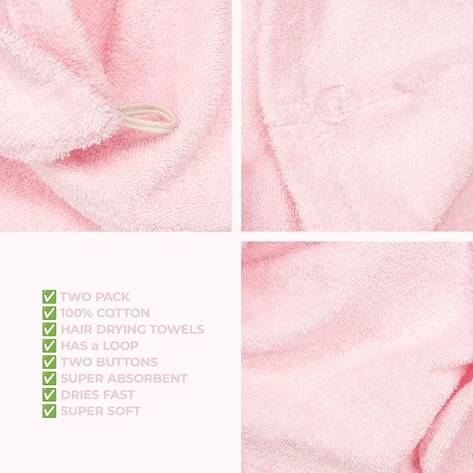 American Soft Linen 100% Cotton Hair Towels for Women, Head Towel Cap, Cotton Hair Turban Towel Wrap for Long Curly Anti Frizz Hair, Soft and Absorbent Cotton Hair Towels 2 Pack, Pink