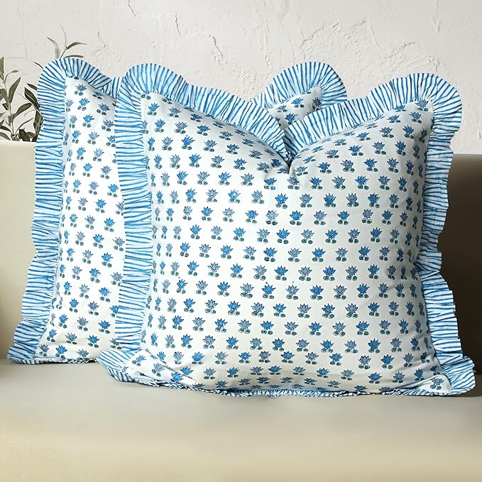 CPC Arctic Blue Hand Block Print 100% Cotton Ruffle Throw Pillow Cover 18x18 inch with Hidden Zipper Decorative for Couch, Bed, Sofa, Farmhouse, Cottagecore Decor Gift Christmas Fall Thanksgiving