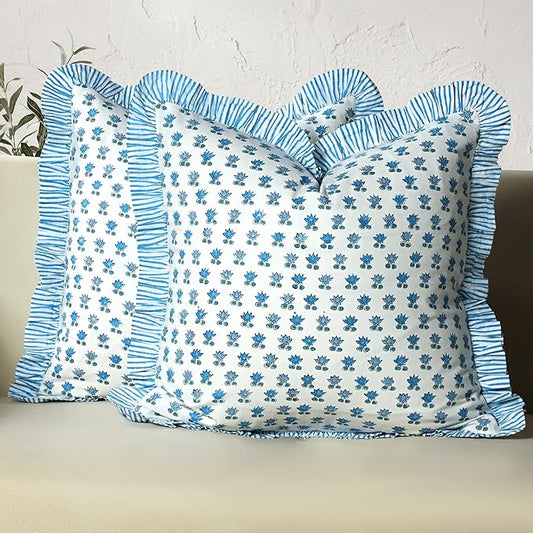 CPC Arctic Blue Hand Block Print 100% Cotton Ruffle Throw Pillow Cover 18x18 inch with Hidden Zipper Decorative for Couch, Bed, Sofa, Farmhouse, Cottagecore Decor Gift Christmas Fall Thanksgiving