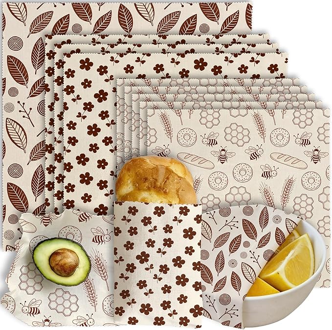 Reusable Beeswax Wraps, 9 Pack Eco-Friendly Food Storage, Organic Cotton Sandwich, Snack, Bowl Covers, Zero Waste, Plastic-Free, Sustainable, 1XL, 3M, 5S (Leaves, Flowers, Bees)