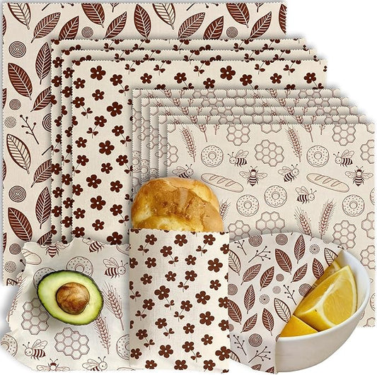 Reusable Beeswax Wraps, 9 Pack Eco-Friendly Food Storage, Organic Cotton Sandwich, Snack, Bowl Covers, Zero Waste, Plastic-Free, Sustainable, 1XL, 3M, 5S (Leaves, Flowers, Bees)