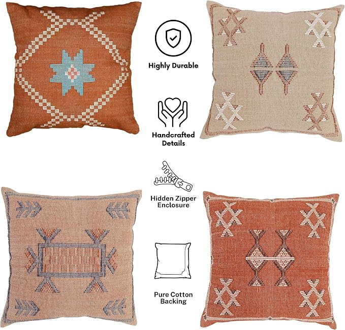Trade Star Sabra Kilim Pillow Shams 100% Cotton Throw Cushion Cover Set of 4 Pillow Covers Handloomed Pillow case Premium Cushion Case Handwoven Farmhouse Pillowcase 18x18 Inches (Sabra 4)