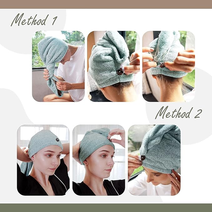 myHomeBody Hair Towel Wrap, Quick Drying Turban, Absorbent Cap – Green | Hair Turban Towel for wet hair, Ultra Soft Charcoal Fiber Cap, Towel Head Wrap for bathing with Coconut Shell Button