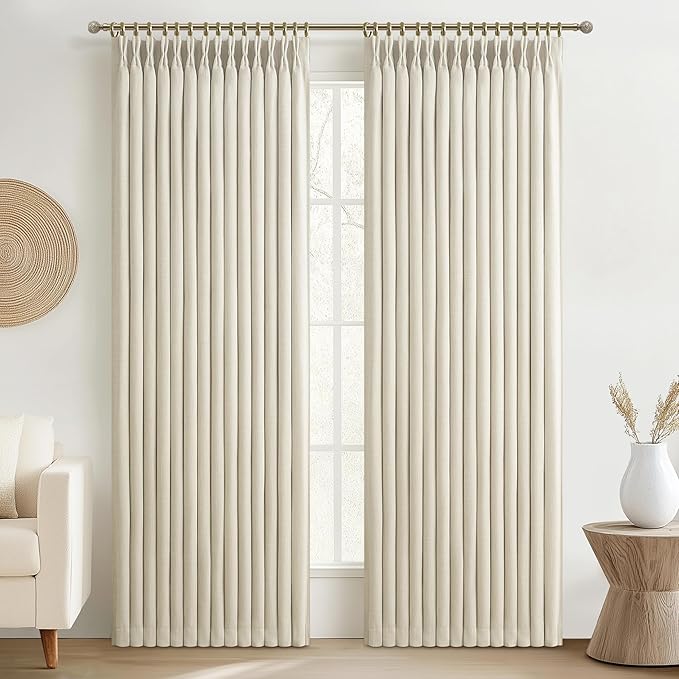 Memory Trained Pinch Pleated Blackout 86 Inch Bedroom Curtains 2 Panels Set, Ivory Beige Thick Linen Two Layer Insulated Sound Dampening Energy Efficient Nursery Window Drapes with Back Tab 40W x 86L