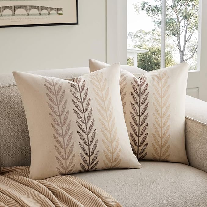 100% Cotton Farmhouse Leaves Throw Pillow Covers Set of 2, 22x22 Inch Mixed Beige Pastoral Decorative Print Cushion Covers for Sofa Bed Living Room Home Decor