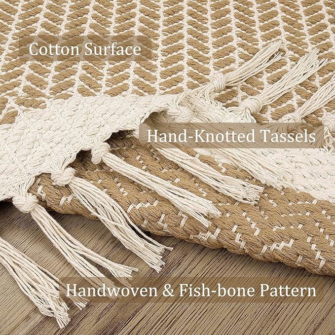 Lahome Belle Boho Bathroom Runner Rug, 2x5 Hallway Runner Rugs Washable Rugs for Entryway Indoor Door Mat with Tassels, Farmhouse Woven Cotton Low Pile Rug Runners for Hallways Laundry Room, Khaki