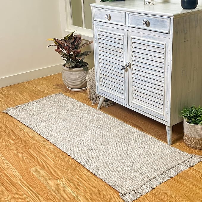 Chardin home Sand & White Reversible Runner Rug, 2x5 feet Machine Washable Cotton Rug, Perfect for hallways, stairwell, Kitchen Bedroom