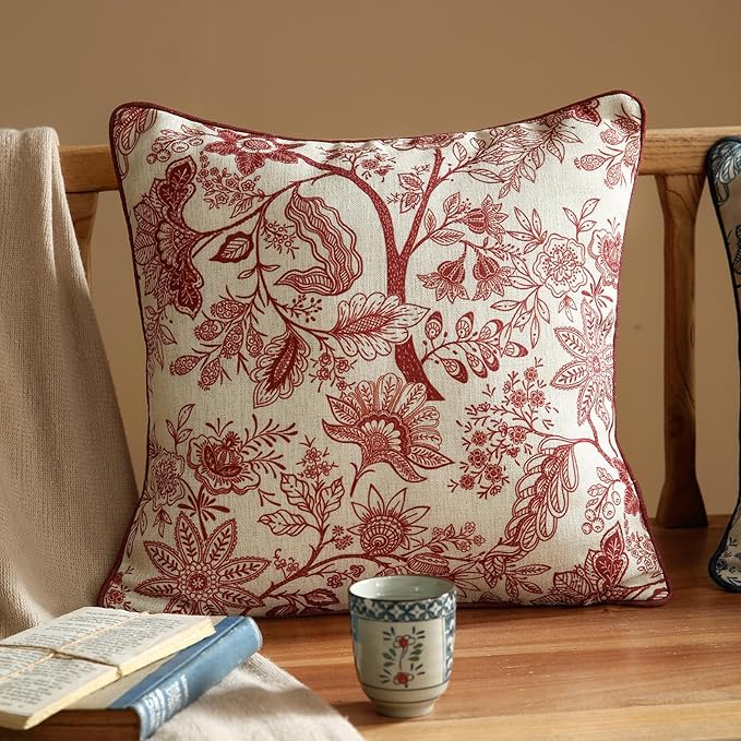 ISAENNE Design Linen Square Throw Pillow Covers 18"x18" Pack of 2, French Country Cushion Covers with Red Toile de Jouy Floral Pattern Decoration Pillowcases for Bed, Living Room, Outdoor, Car
