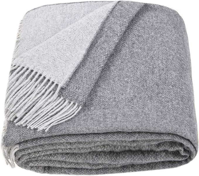 LYHome Merino Wool Blanket - Warm Throw for Cold Weather, Warmest Travel Outdoor Camping Blankets, Picnic Army and Military Throws, Comforter Soft & Cozy (55" x 79" Grey - Light Grey Double-Sided)