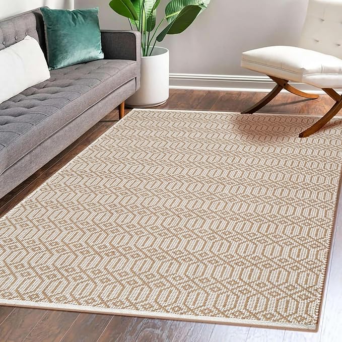 Cotton Diamond Hand Woven Area Rug 3x5 Feet - Beige, Large Farmhouse Geometric Dinning Space Rugs Ideal for Bedroom, Living Room, Office | Neutral Fibre Non Slip Patio Mats for Balcony Décor