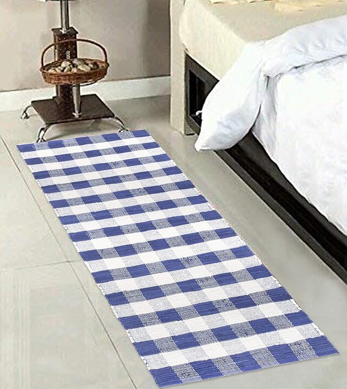 GLAMBURG Cotton Reversible Area Runner Rug 2' x 6' for Bedroom Living Room Kitchen Hallways Front Porch Laundry Room, Handwoven Farmhouse Floor Mat, Washable Checkered Plaid Runner Rug Blue White