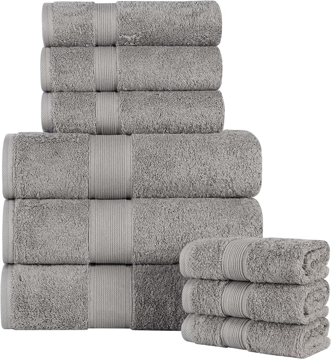 Superior 100% Organic Cotton 9-Piece Towel Set, Includes 3 Bath Towels, 3 Hand Towels, 3 Face Towels/Washcloth, Daily Use, Bathroom, Guest Bath, Absorbent, Home Essentials, Oregon Collection, Silver