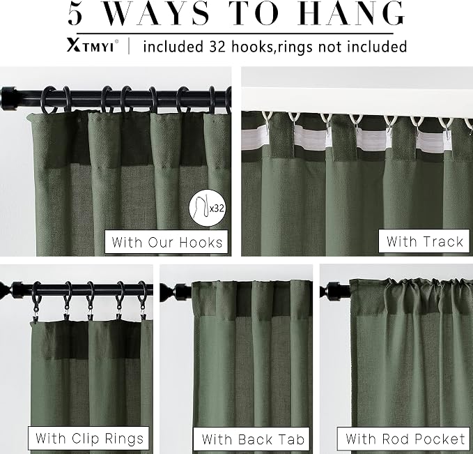 XTMYI 72 Inch Curtains Pleat,Boho Semi Sheer Curtains 72 Inches Long,Window Sheers French Door Curtain Drapes 72 in Length 2 Panel Set for Bathroom Shower Bedroom Living Room,6 FT,Olive Green