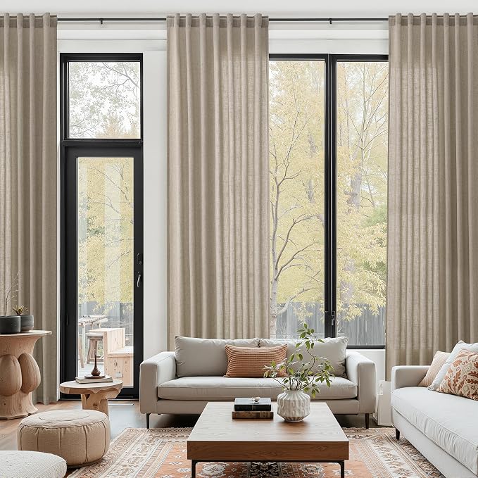 Cobblestone Linen 144 Inch Curtains for Living Room Light Filtering Semi Sheer Curtain Back Tab Modern Farmhouse Decor Elegant Drapes Floor to Ceiling High Window for Bedroom 52x144, 2 Panels