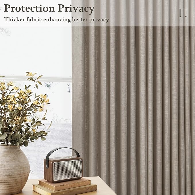Linen Taupe Curtains 96 Inches Long Pinch Pleat for Living Room Dining 2 Panels Tan Brown Burlywood Light Filtering Privacy 96 Inch Pleated Drapes Hooks Rings Back Tab for Sliding Door Bedroom
