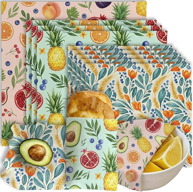 Reusable Beeswax Wrap, 9 Pack Eco-Friendly Wraps For Food, Organic, Sustainable, Biodegradable, Zero Waste, Plastic-Free Food Storage, 1XL, 3M, 5S (Mixed Fruit, Pineapple, Floral)