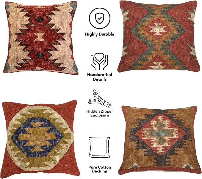 Trade Star 70% Jute 30% Wool Cushion Cases Ethnic Pillow Shams Rug Pillow Covers Handloomed Pillow Cases Throw Pillow Cover Handwoven Pillowcase Set of 4 Kilim Cushion Covers (Kilim 2)