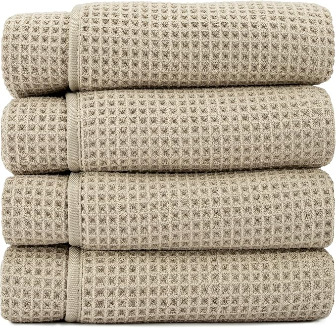 S&T INC. Aura Microfiber Waffle Bath Towels, 4 Pack, Quick-Dry, Ultra Absorbent, Lightweight Towels for Bathroom, 30 inches x 60 inches, 420GSM, Beige