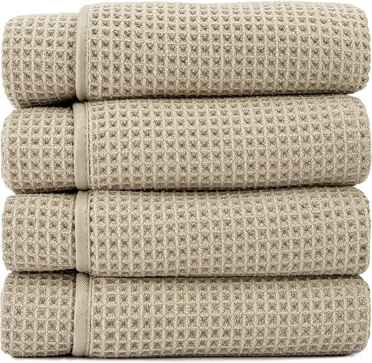 S&T INC. Aura Microfiber Waffle Bath Towels, 4 Pack, Quick-Dry, Ultra Absorbent, Lightweight Towels for Bathroom, 30 inches x 60 inches, 420GSM, Beige