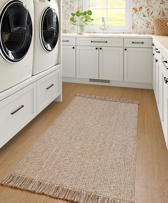 Collive Washable Area Rug 3' x 5', Modern Farmhouse Woven Kitchen Rugs, Tan/Cream Indoor Outddor Mat Braided Throw Carpet for Entryway Bedroom Nursery Laundry Living Room