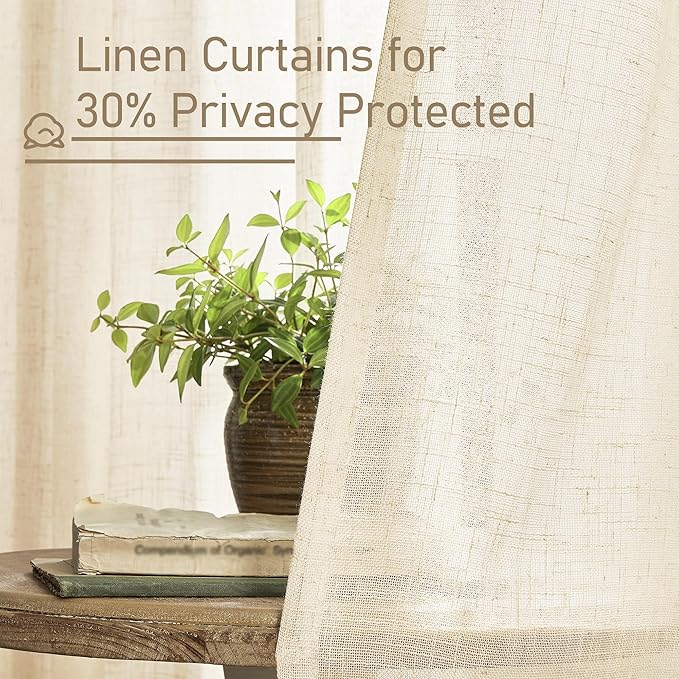 LAMIT Beige Linen Semi Sheer Curtains 48 Inch for Bedroom, Light Filtering Neutral Window Curtains Farmhouse Boho Back Tab and Rod Pocket Panels, 2 Panels, 52 x 48 Inch
