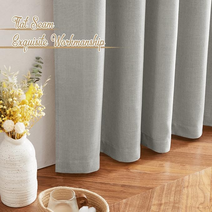 NICETOWN Linen Gray Curtains 84 inches Length 2 Panels Set, Rod Pocket & Back Tab Flax Linen Burlap Semi Sheer Eclectic Drapes Privacy with Light Filtering for Kids Room/Living Room, W52 x L84