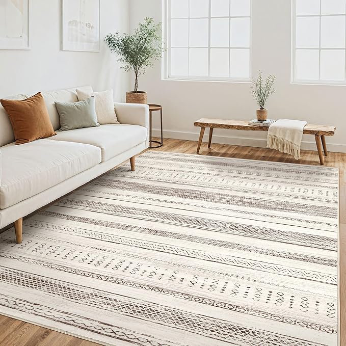 Tortania Area Rug Living Room Rugs - 5x8 Washable Large Soft Neutral Boho Moroccan Bohemian Farmhouse Rug Indoor Floor Carpet for Bedroom Under Dining Table Home Office Decor - Brown Beige