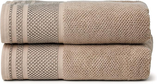Texere 100% Organic Cotton Rice Weave Jacquard 700 GSM Luxury Bath Towel Sets - Ultra Soft and Absorbent Hotel and Spa Quality (Rice Weave, Oxford Tan, 2 Bath Towels)