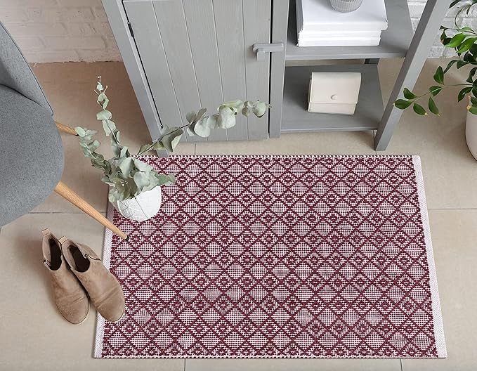 Cotton Diamond Woven Area Rug 2x3 Feet - Burgundy, Anti Slip Soft Durable Cotton Boho Front Door Mat Ideal for Entryway, Kitchen, Bedroom | Laundry Space Machine Washable Throw Carpet for Balcony