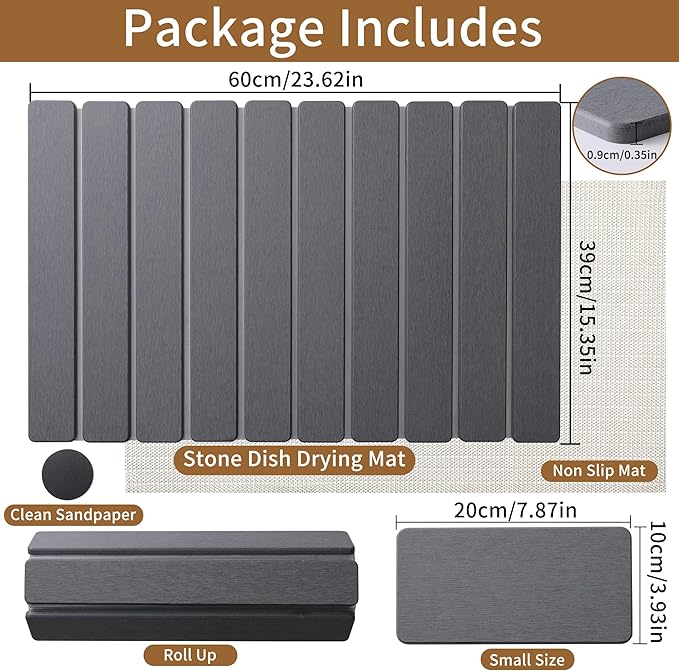 Large Stone Dish Drying Mat for Kitchen Counter, Fast Dry Diatomaceous Earth Mat – Foldable Stone Mat for Dishes, Utensils, Soap Dish – Non-Slip & Heat Resistant–2 PCS (23.6"×15.3" & 8"×4")–Dark Grey