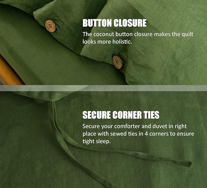 S VICTORY SYMBOL 100% Organic Linen Duvet Cover Set King Size 3pcs,Natural French Washed Flax Comforter Cover 106"x92"(1 Duvet Cover and 2 Pillowcases) Coconut Button Closure (Juniper Green)