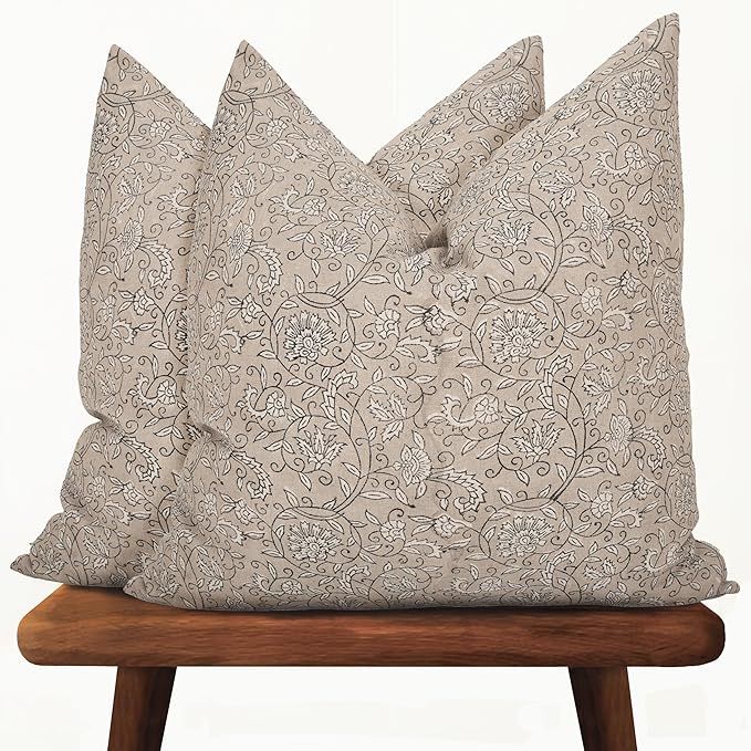 Hand-Block Printed, Artisan-Made Neutral Accent Throw Pillow Covers- 100% Cotton Cushion for Sofa, Bed, Chair, Home Decor, Boho, Indoor - Lina (Beige, 20" x 20" (Pack of 2))