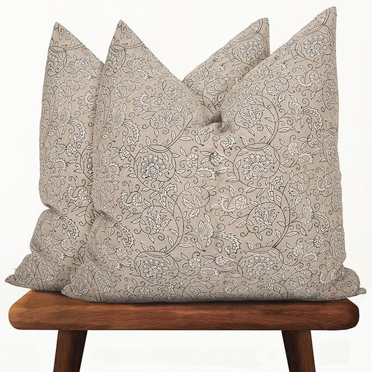 Hand-Block Printed, Artisan-Made Neutral Accent Throw Pillow Covers- 100% Cotton Cushion for Sofa, Bed, Chair, Home Decor, Boho, Indoor - Lina (Beige, 20" x 20" (Pack of 2))