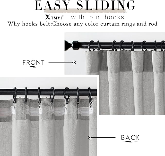 XTMYI Grey 63 Inch Length 2 Panels Back Tab/Hook Belt Linen Cotton Sheer Curtains for Bedroom,50 Inch Wide