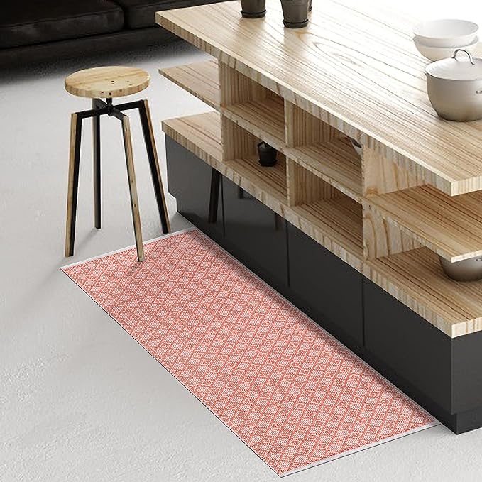 Cotton Diamond Woven Runner Rug 2x6 Feet - Dusty Pink, Anti Slip Farmhouse Geomatric Pattern Floor Area Runners Ideal for Hallways, Kitche, Laundry Room | Peach Nursery Patio Décor Mats for Home Space