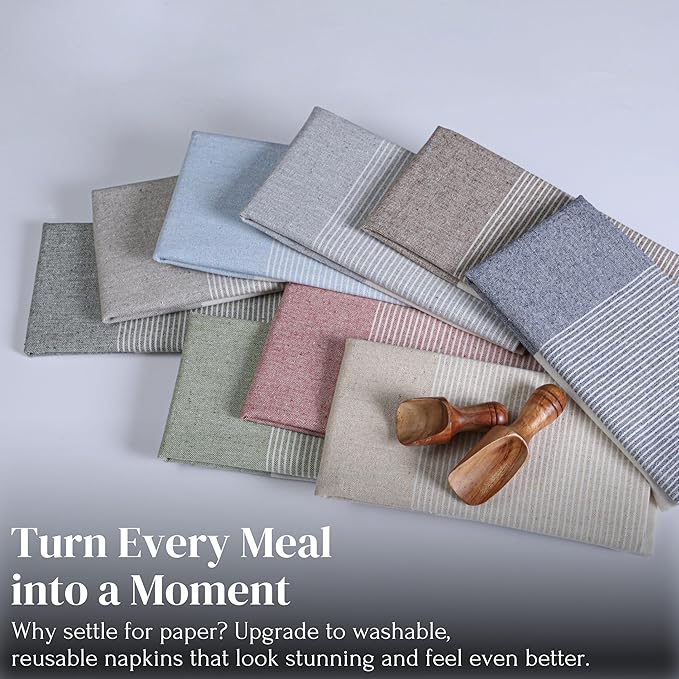 Ramanta Home Cloth Napkins Set of 12 Taupe 18x18 Inches - Spring Basket Decor Block Striped Dinner Napkins for Easter Farmhouse Wedding, Washable Soft Cotton Durable Table Linen for Everyday Use