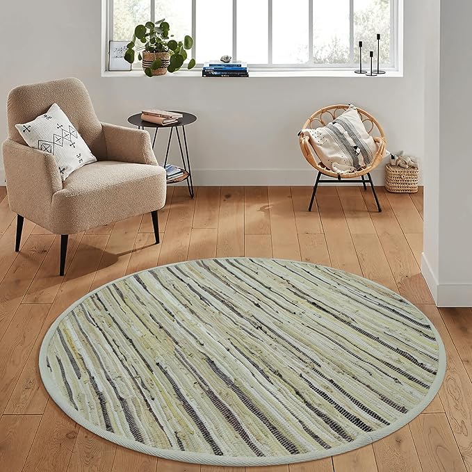 Cotton Hand Woven Chindi Area Rug 4 Feet Round - Beige, Reversible Circle Green Dinning Space Floor Rugs Ideal for Bedroom, Living Room, Kitchen | Linen Farmhouse Recycled Patio Mats for Balcony Décor