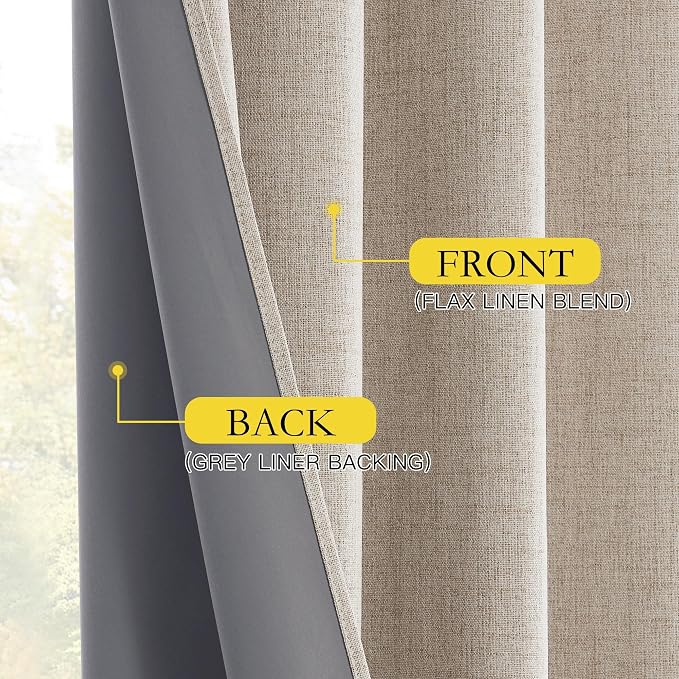 NICETOWN Natural Linen 100% Blackout Short Curtains 48 inches, Thermal Insulated & Noise Reducing Window Draperies with Grey Liner, Short Drapes for Cafe Bar (52" W by 48" L, 2 Panels)