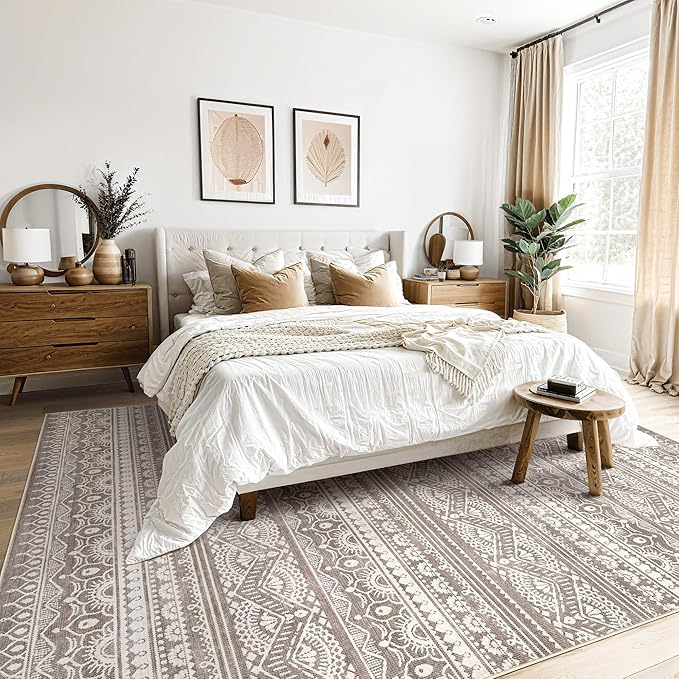 Tortania Area Rug Living Room Rugs - 10x12 Washable Large Soft Neutral Boho Moroccan Bohemian Farmhouse Rug Indoor Floor Carpet for Bedroom Under Dining Table Home Office Decor - Dark Brown