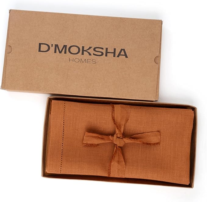 Signature Linen™ by D'Moksha Rust Dinner Napkins Set of 4, 20 x 20 Inch Cloth Napkins, 100% Pure Linen, Hemstitch, Machine Washable Table Napkins- Summer, Father's Day