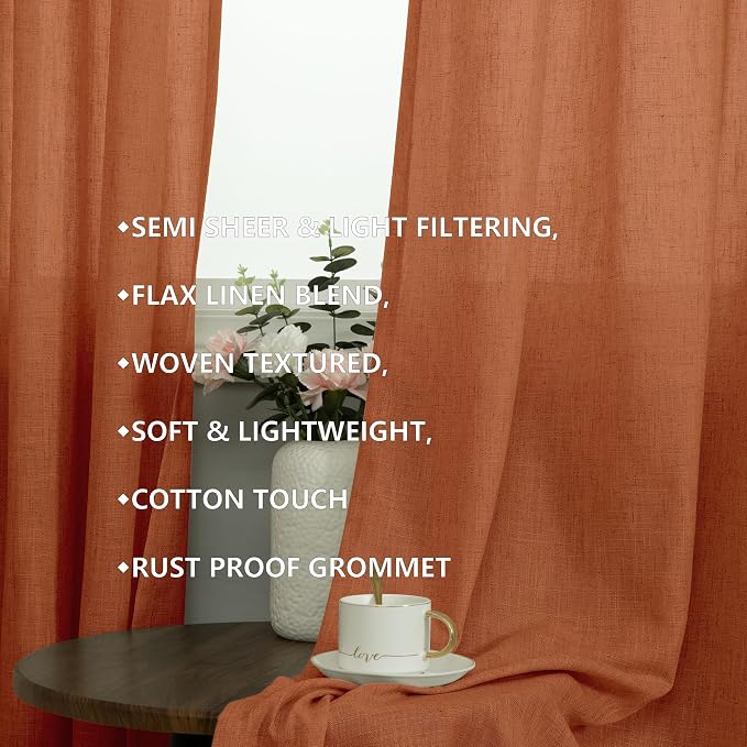 Pitalk Burnt Orange Curtains 96 Inches Long for Living Room 2 Panels Grommet Energy Efficient Drapes Lightweight Sheer Linen Terracotta Colored Curtains for Kids Bedroom Toddler Red Orange 8 FT 52x96
