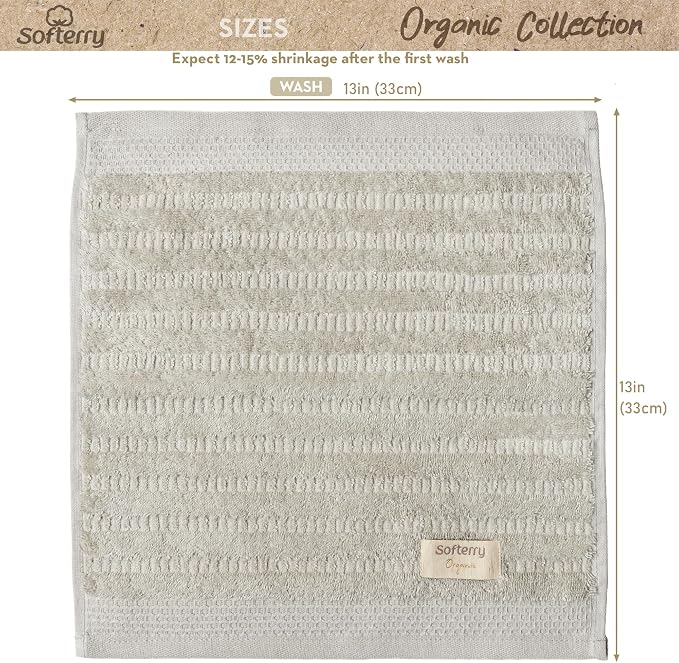 Softerry Pure Organic Cotton Washcloth Set - 100% Soft Cotton - Extra Absorbent and Durable - 500 GSM Quick Dry - Luxury Hotel & Spa Quality - Fade Resistant - Eco Friendly