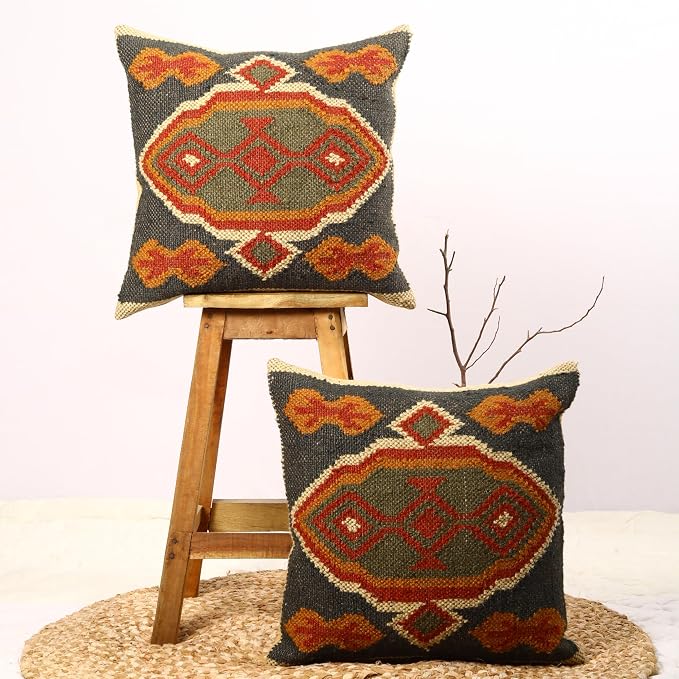 Trade Star 70% Jute 30% Wool Pillow Shams Handwoven Pillowcase Thich Rug Designer Cushion Cover Set of 2 Kilim Cushion Cover Throw Pillow Cover Decorative Vintage Pillow Case